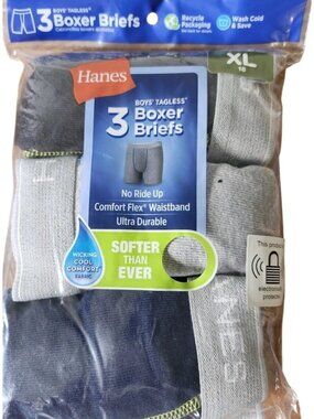 Boys Hanes Tagless Boxer Briefs Comfort Flex Waistband XL (18) 3-Pack BLK/GR BTS